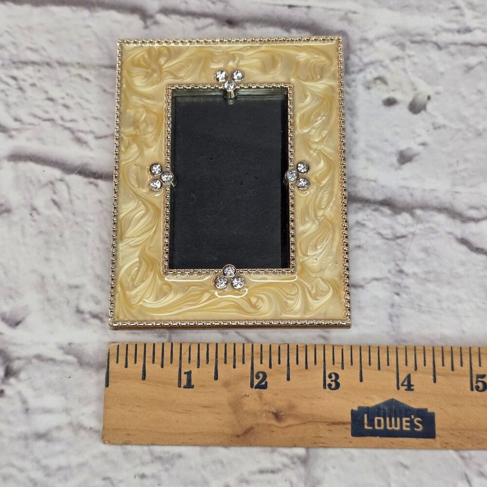 Vtg Golden Marbelized Art Deco Rhinestone Beading Edge Trim Photo Frame 1.5X 2.5 - Picture 7 of 9
